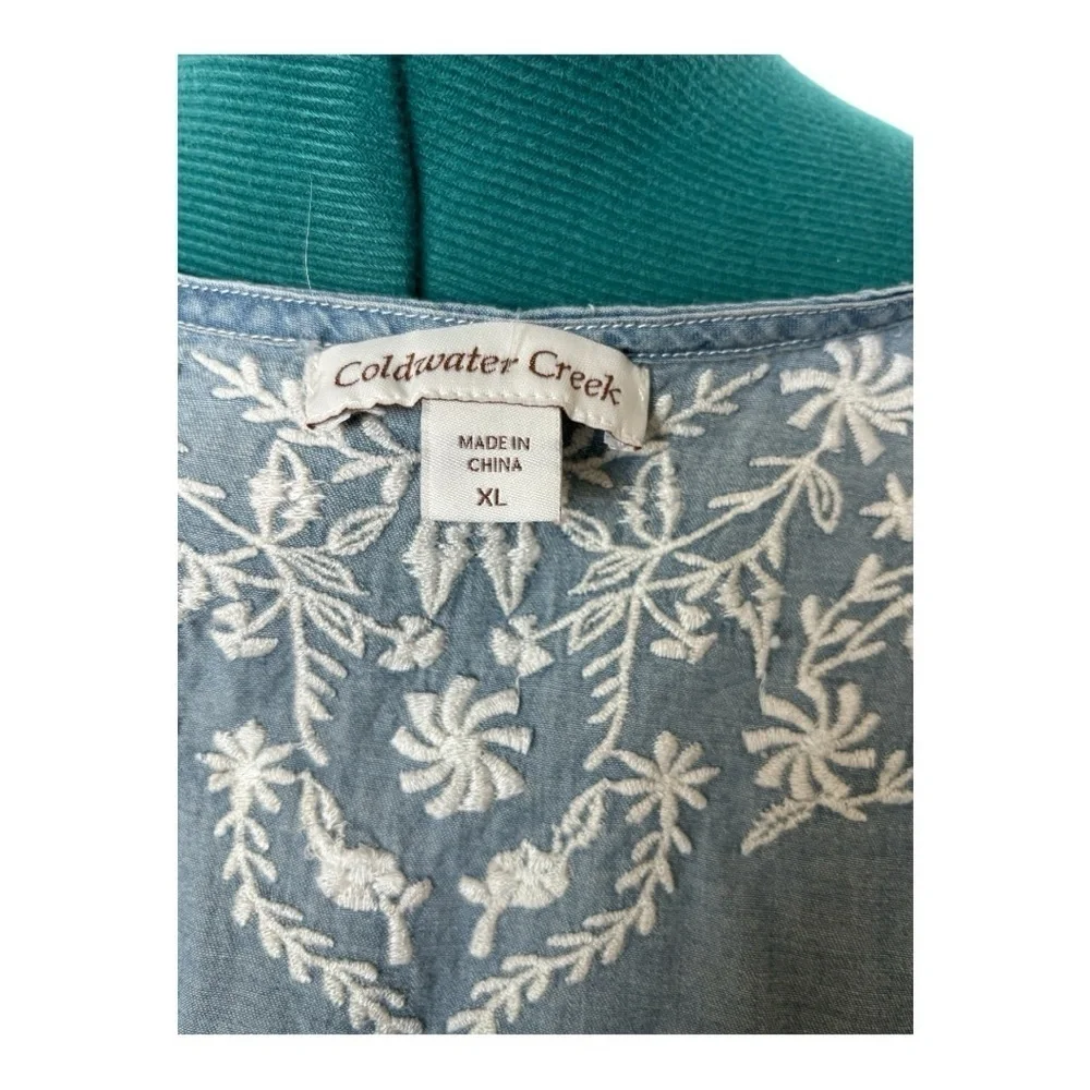 Coldwater Creek Blue Denim Kimono Wrap Top with White Embroidery Sz XL - Picture 8 of 12